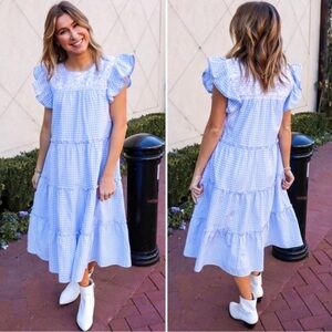 $140 J. Marie XS Coco Midi Dress 100% Cotton Embroidery Tiered Ruffles Gingham